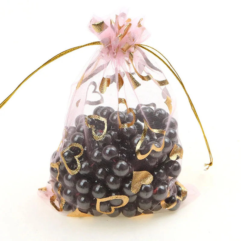 100 шт, 7x9/9x12 см, с принтом в виде сердечек и роз, свадебная сумочка из органзы, подарочная упаковка, мешочек для ювелирных изделий, рождественские сумки для конфет W14 - Цвет: pink-gold heart