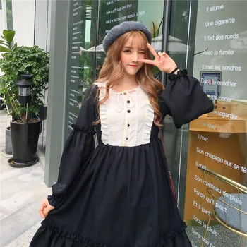

Lolita Style Dresses Women Patchwork Lantern Sleeve Cute Dress Girls Vintage Casual Dress