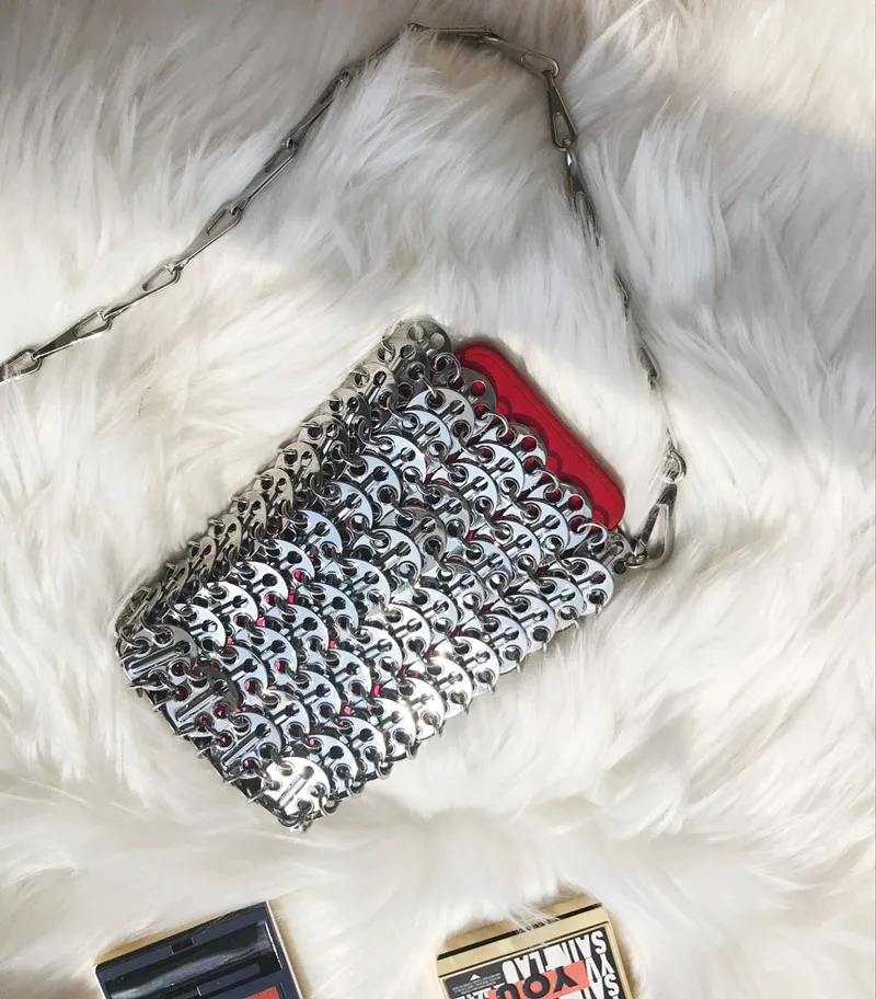 Luxury Designer Women Bags Pure Metal Sequins Chain Woven Bag Hollow Evening Bags Clutch Female Travel Holiday Shoulder Bag