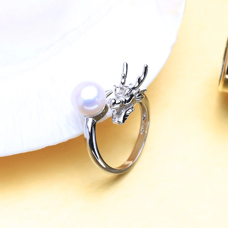 FENASY, настоящие кольца из натурального жемчуга для женщин, новое регулируемое кольцо из стерлингового серебра 925 пробы с подарочной коробкой, кольца в стиле панк с драконом, 8-9 мм, бусины