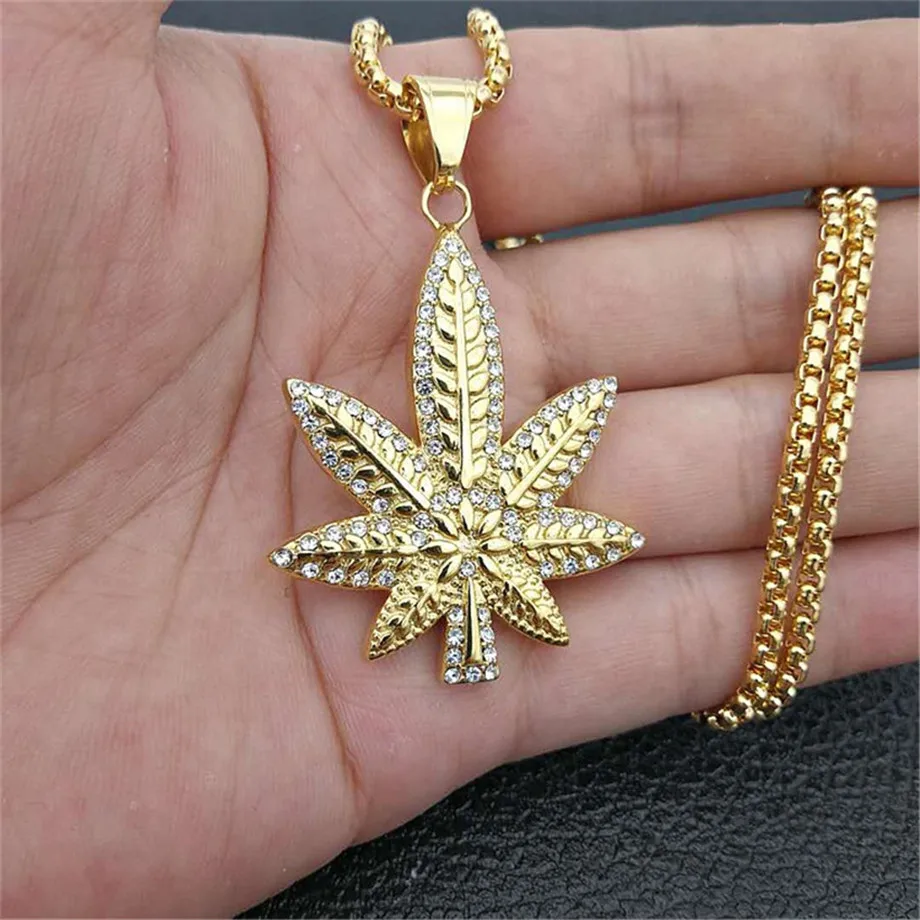 

Iced Out Hemp Leaf Necklace & Pendant With Stainless Steel Chain Gold Color Bling Cubic Zircon Men's Hip hop Jewelry For Gift