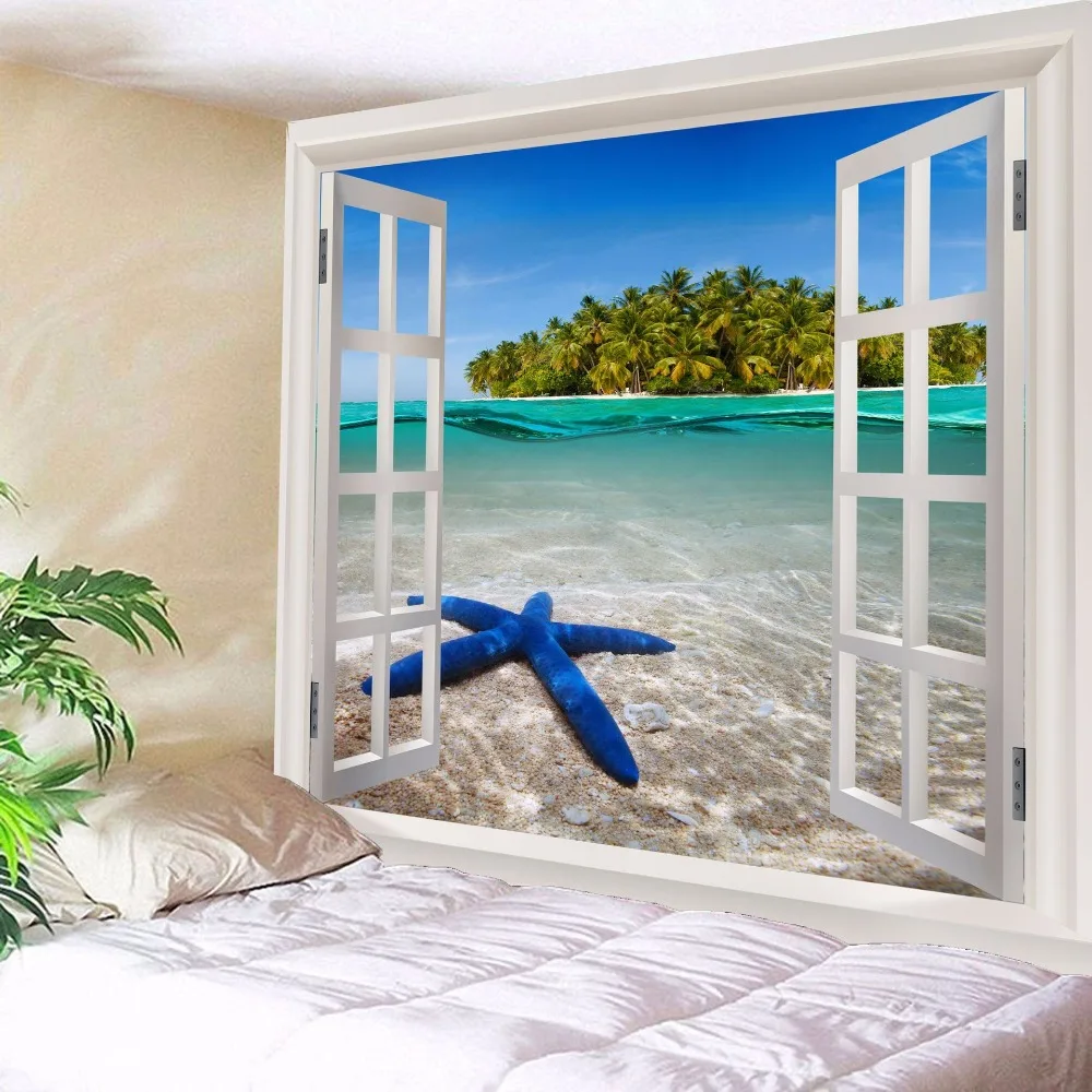 Гобелен настенный гобелен морские пейзажи за окном покрывало с принтом покрывало для опочивальни пляжное полотенце домашнее украшение