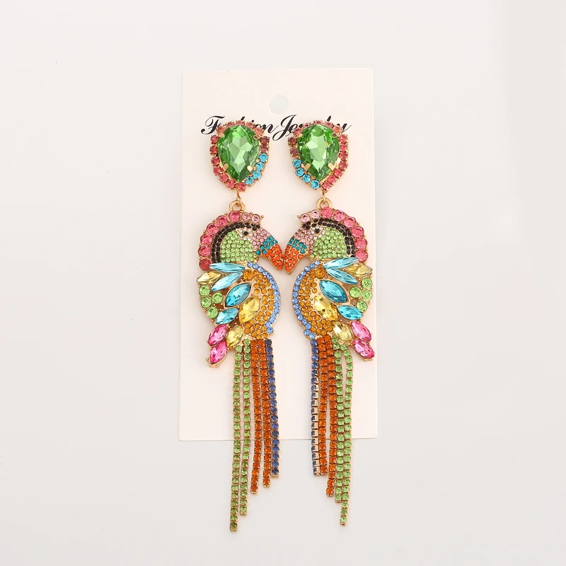 luxury Birds big earrings women earrings statement long tassel fashion colorful rhinestone chandelier earings jewelry