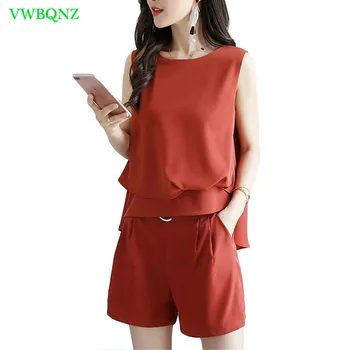 

Summer New Loose Chiffon Women Set Plus size Sleeveless Tops+shorts Two Sets Women's Fashion Casual Yellow Black Sets 4XL A287
