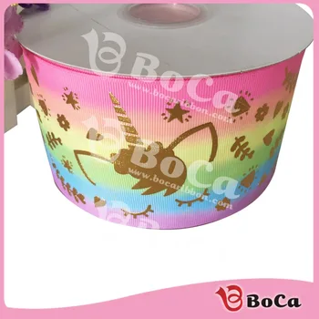 

100 yards/lot Shipping free BOCA 75mm (3 inch) wholesale heat transfer gold unicorn rainbow grosgrain ribbon