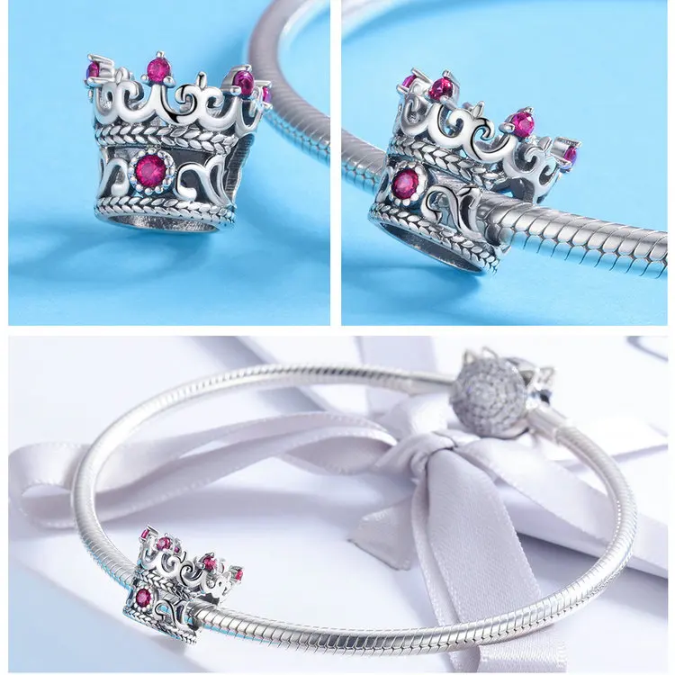 WOSTU, 925 пробы, серебро, Королевская корона, розовый CZ бисер, талисманы, подходят к оригинальному браслету и ожерелью, женская мода, ювелирное изделие, FIC776