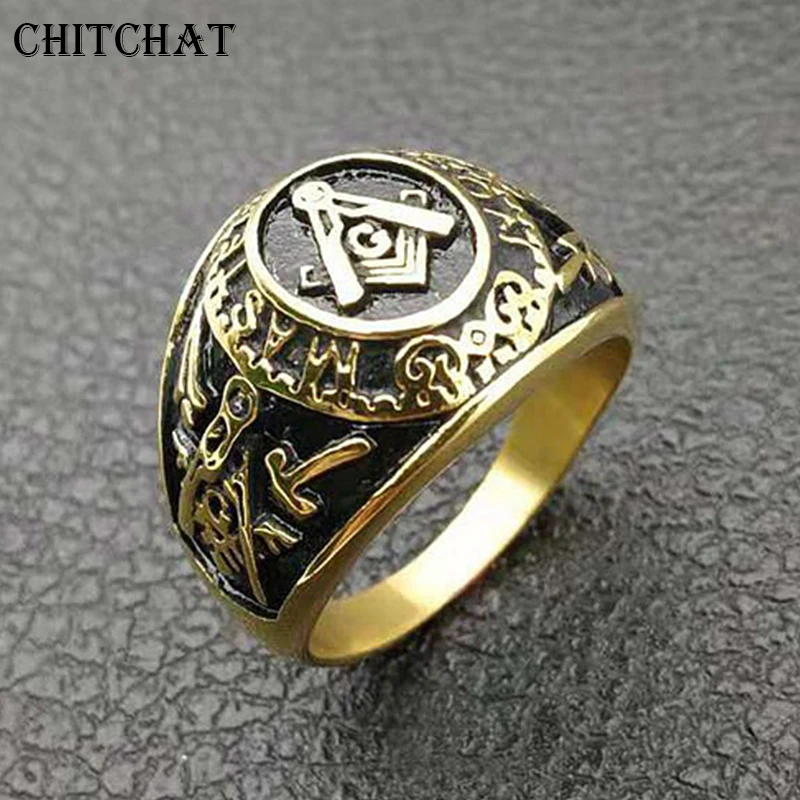 Rétro Hommes 316 L acier inoxydable Ton Or Maçonnique Franc-maçon carré cubique zircone Band Ring