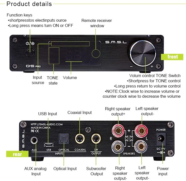 SMSL Q5 Pro 45 Вт* 2 HiFi 2,0 чистый мини домашний цифровой аудио усилитель мощности 24 бит/96 кГц USB DAC/оптический/коаксиальный с пультом дистанционного управления