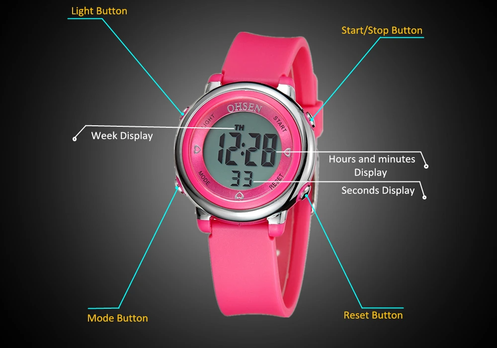 Лидер продаж OHSEN цифровой детский секундомер крутые наручные часы для мальчиков Детский хронограф 50 м спортивные часы с будильником для дайвинга студенческие часы