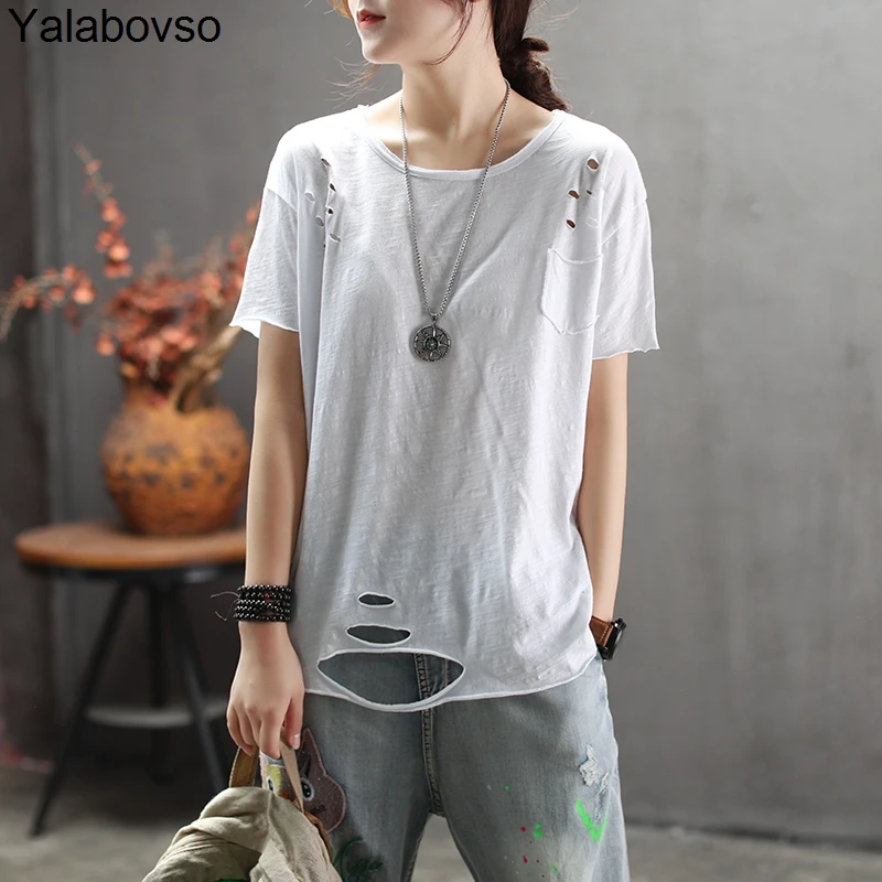 

Thin Soft Bamboo Cotton T shirts Hole Fashion Comfortable T shirt woman O neck Short sleeve Tees Summer T shirt A0BZ30