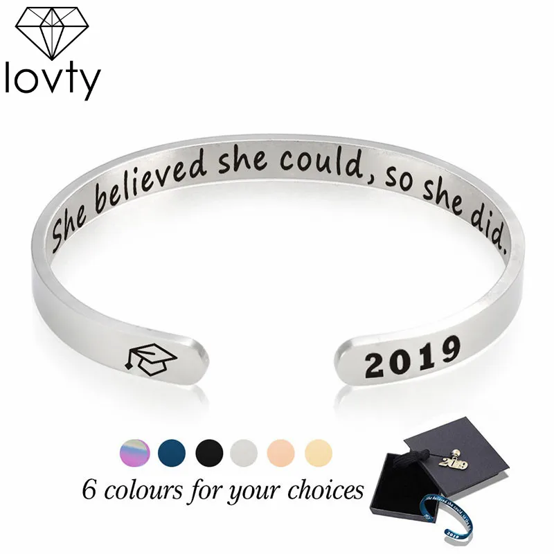 

lovty 2019 Stainless Steel Bangles for Women "She Believed She Could So She Did "Punk Bangle Bracelet Graduation Gift for She/He