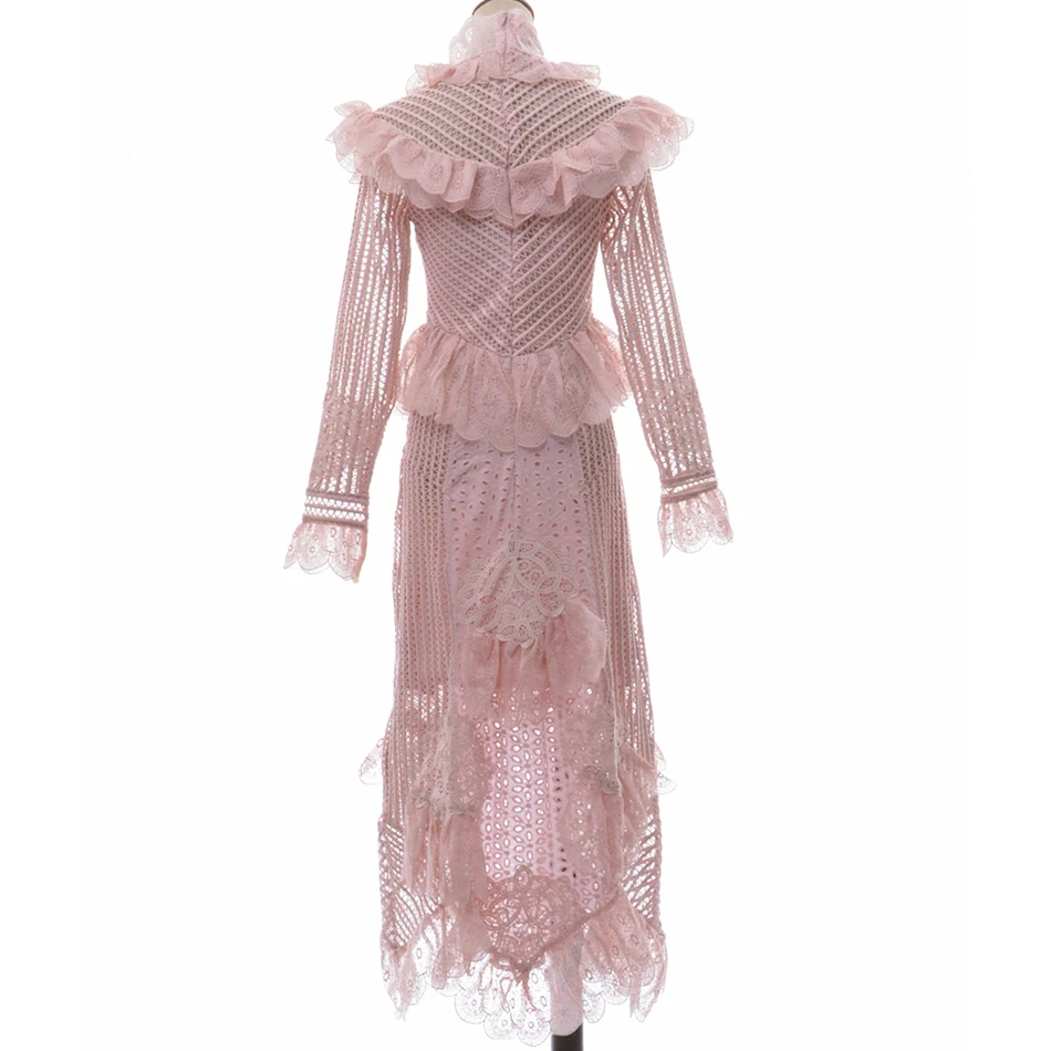 Новое дизайнерское осеннее высококачественное женское элегантное платье с длинными рукавами и высоким воротником, белое, розовое, кружевное, с вырезами, длинное платье