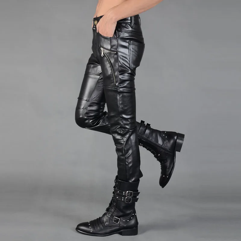 Модные осенне-зимние Для мужчин s тощие кожаные штаны искусственная черный бегунов Брюки мотоциклетные брюки для Для мужчин с завязками