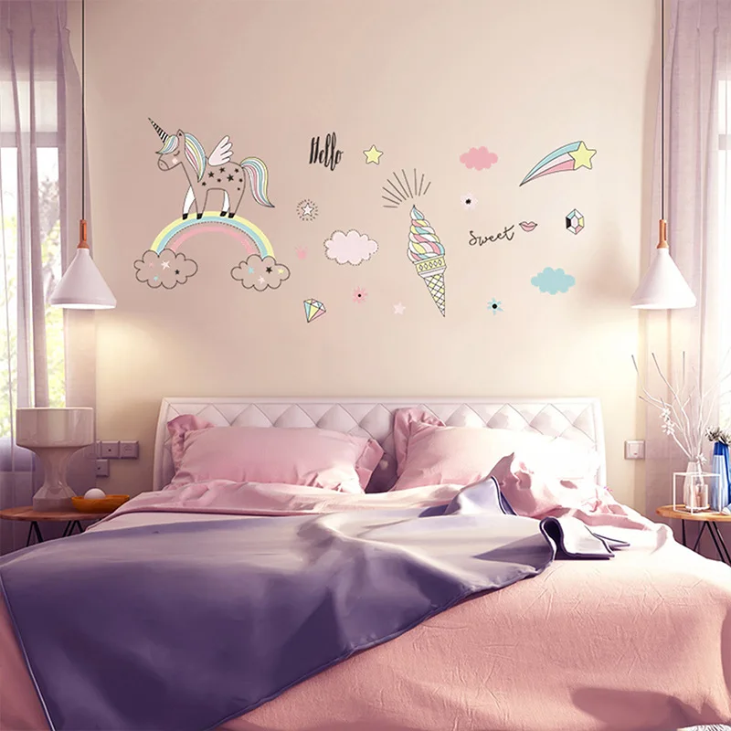 

Luminous Wall Stickers Cartoon Unicorn Horse Living Room Bedroom Kindergarten Fluorescent Hand painted rainbow Gift For Kid Room