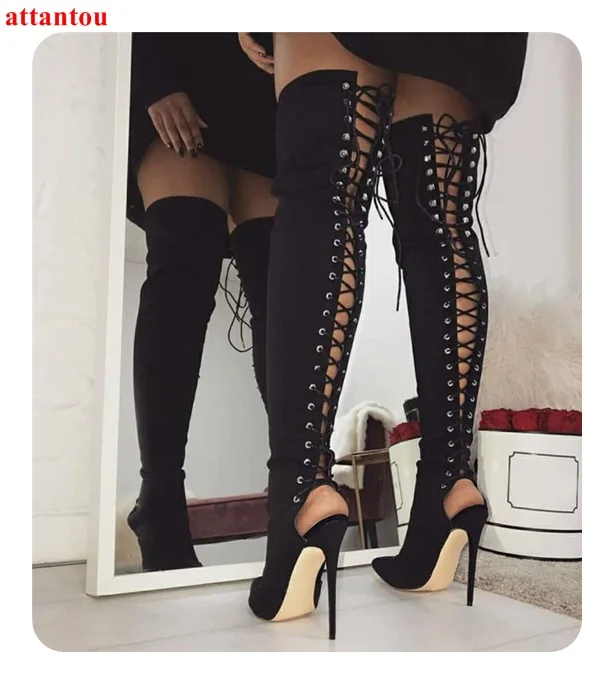 

High quality over the knee high women boots lace up black suede leather long boots pointed toe shoes for wowan free shipping
