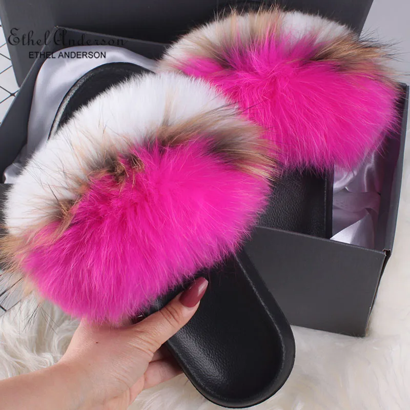 Top Selling Real Fur Slippers Slides Women Summer Plush Fox Flip Flops Holiday Fluffy Raccoon Fur Sandals Shoes - Цвет: Rose Brown White