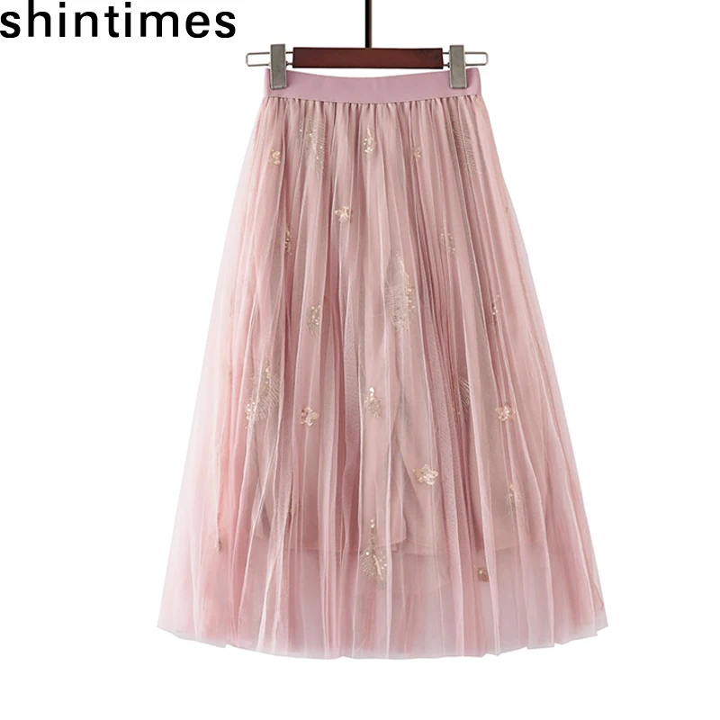 Shintimes повседневные Летние Осенние тюлевые юбки женские Уайлд Высокая талия длинная розовая юбка с пайетками листья трапециевидная Однотонная юбка