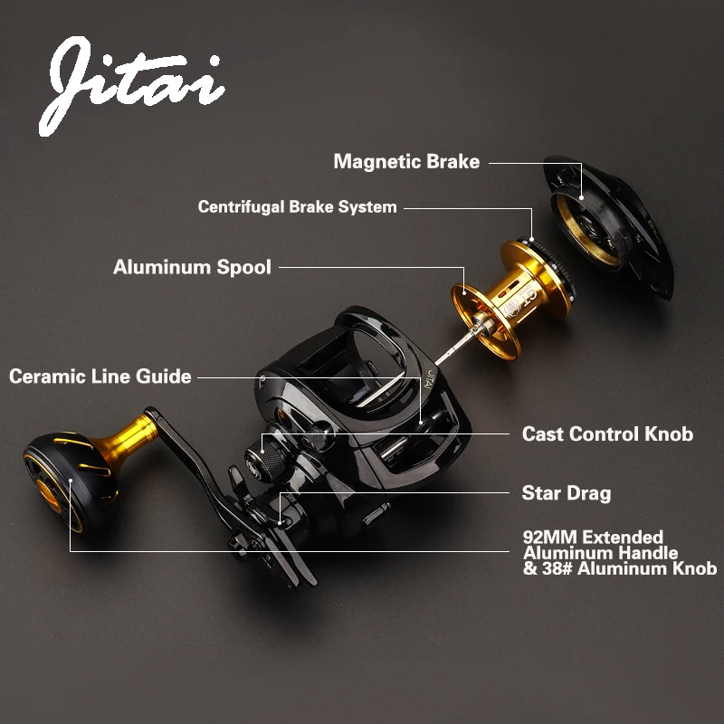 JITAI Baitcasting carrete de pesca sistema de freno Dual 8Kg arrastre de fibra de carbono 7,0: 1 carrete de pesca con mango extendido CNC de alta velocidad