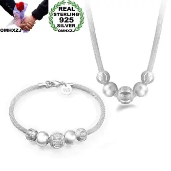 

OMHXZJ Wholesale Personality Fashion Woman Gift Silver Beads Mesh Chain 925 Sterling Silver Bracelet+Necklace Jewelry Set SE48