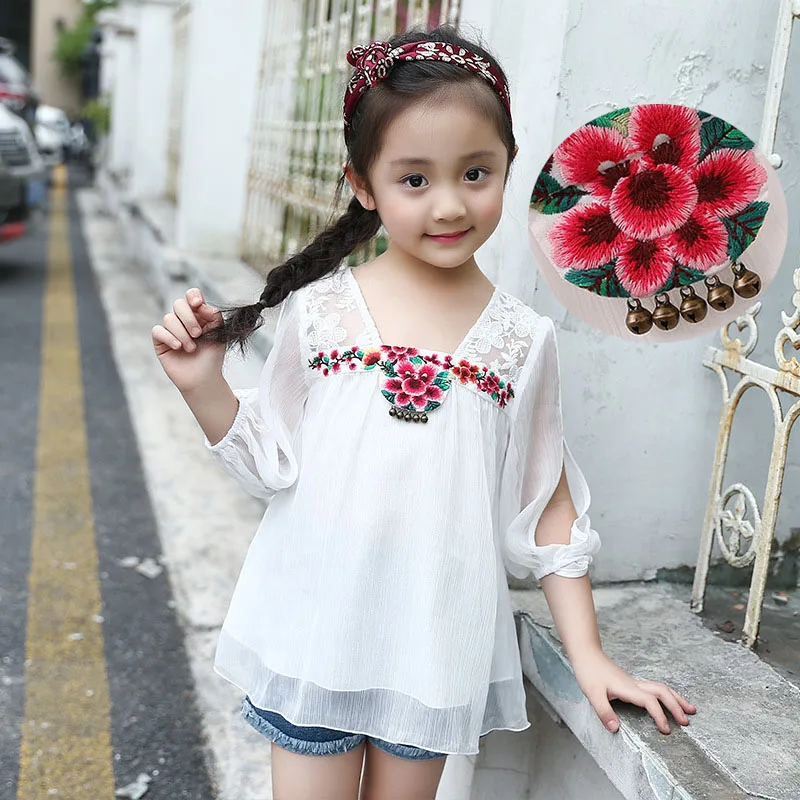 2018 summer spring floral embroidered chiffon girls blouses children clothes Long sleeved white
