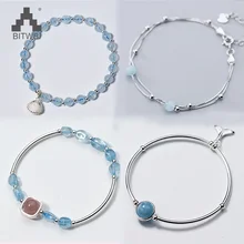 925 пробы Серебряный браслет для женщин натуральный камень удача бусины Аквамарин Шарм Браслеты