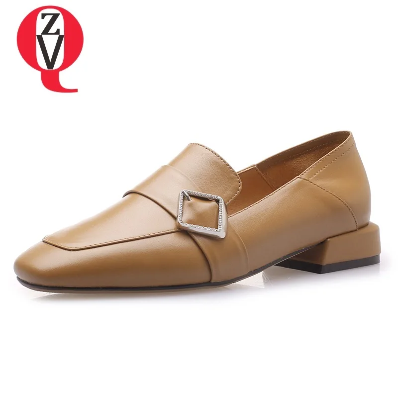 

ZVQ shoes women spring new concise casual genuine leather women pumps low square heel slip-on metal decoration outside shoes