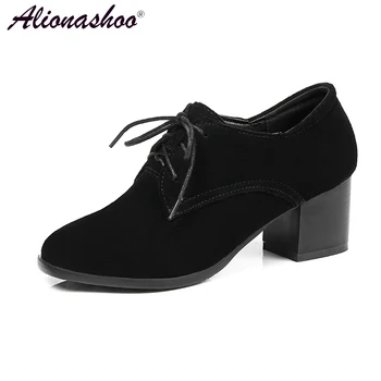 

Plus Size 34-45 Women Spring Single Shoes Square Thick High Heel Cow Suede Square Toe Retro Shoes Women Lace Up Causal Shoes