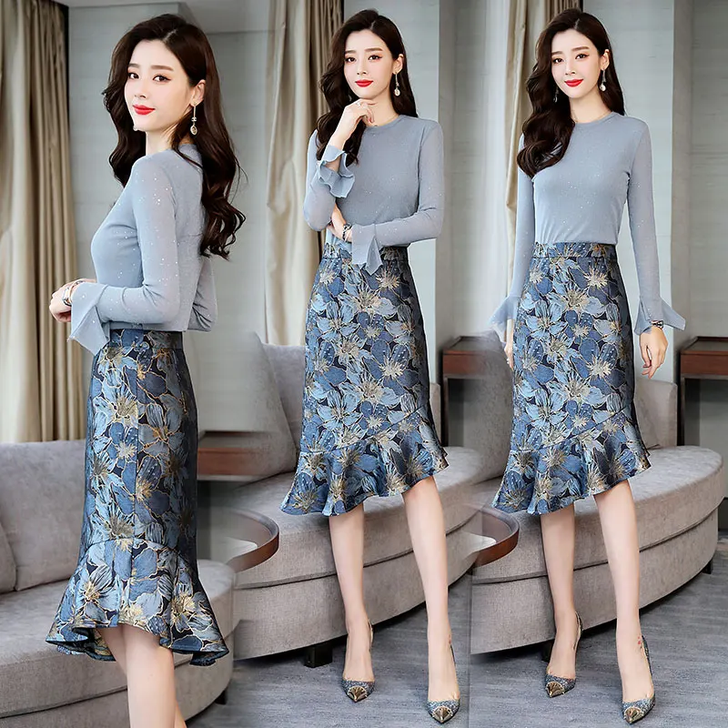 

2019 Spring Women Two piece set long sleeve Tops blouse and skirt Suits office lady 2 piece Sets