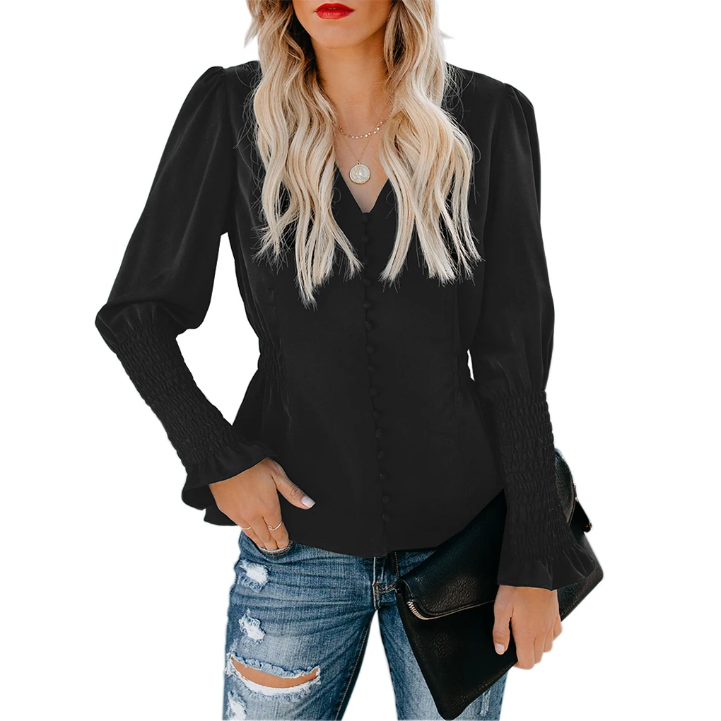 

Spring Women Girls V Neck Blouse Bell Sleeve Slim Waist Shirt Top Clothes