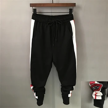 

2018 New Fashion Men's Pencil Pants Slm Fit Personality Lip Korea Spliced Cotton Casual Young Boy Black Color Middle Waist