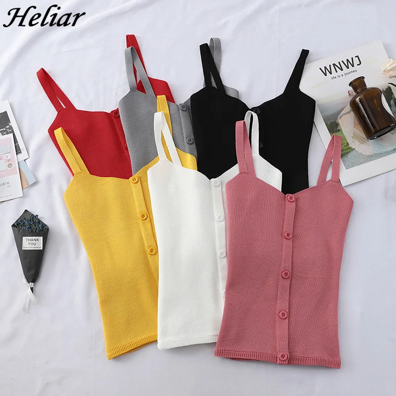 

HELIAR All Match Vest Female Summer Sleeveless Knitting Inside Bottom Short Sexy Small Model Sure Sank Sops With Buttons