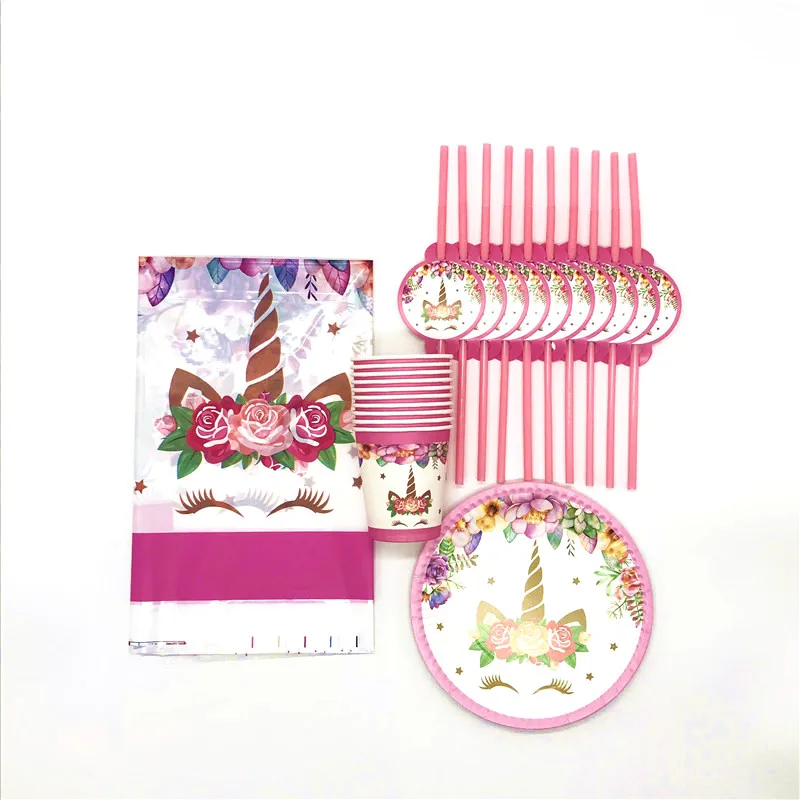 

New Product Pink Unicorn Theme Cup Plate Napkin Child Birthday Party Straw Baby Shower Tablecloth Decoration Supply 31Pcs/Lot