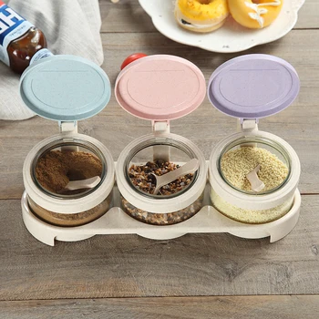 

Caster Cruet Glass Seasoning Box Spice Condiment Storage Box Home-use Lucency Seasoner Cruet With Wheat Straw Kitchen Tool 1 set