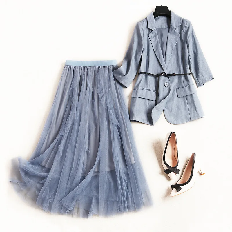 

Women office lady elegant linen blazer suit + long mesh skirt 2 piece set outfits new 2019 spring summer blue
