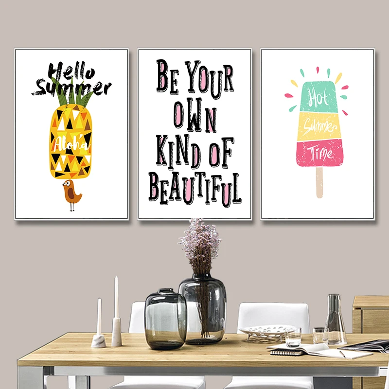 Nordic Cute Cartoon Fruit Pineapple Ice Cream English Sentence A2 A3 A4 Canvas Art Abstract Poster Picture Bedroom Decoration
