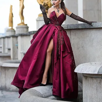 

Burgundy 2019 Prom Dresses Ball Gown V-neck Beaded Slit Sexy Women Party Maxys Long Prom Gown Evening Dresses Robe De Soiree