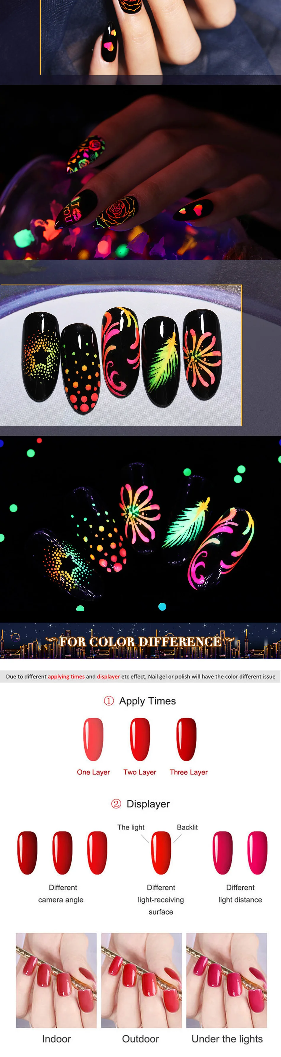 BORN PRETTY Neon Nail Sequins зеленый цвет флуоресцентный эффект сердце круг смешанный принт 3D украшение для ногтей светится в темноте