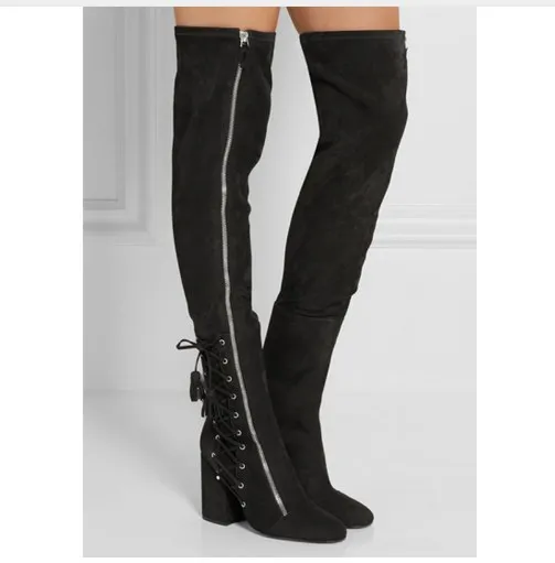 

Stretch Cross-tied Tassels thigh high boots balck brown chunky high heel over the knee boots big size lace up women booties