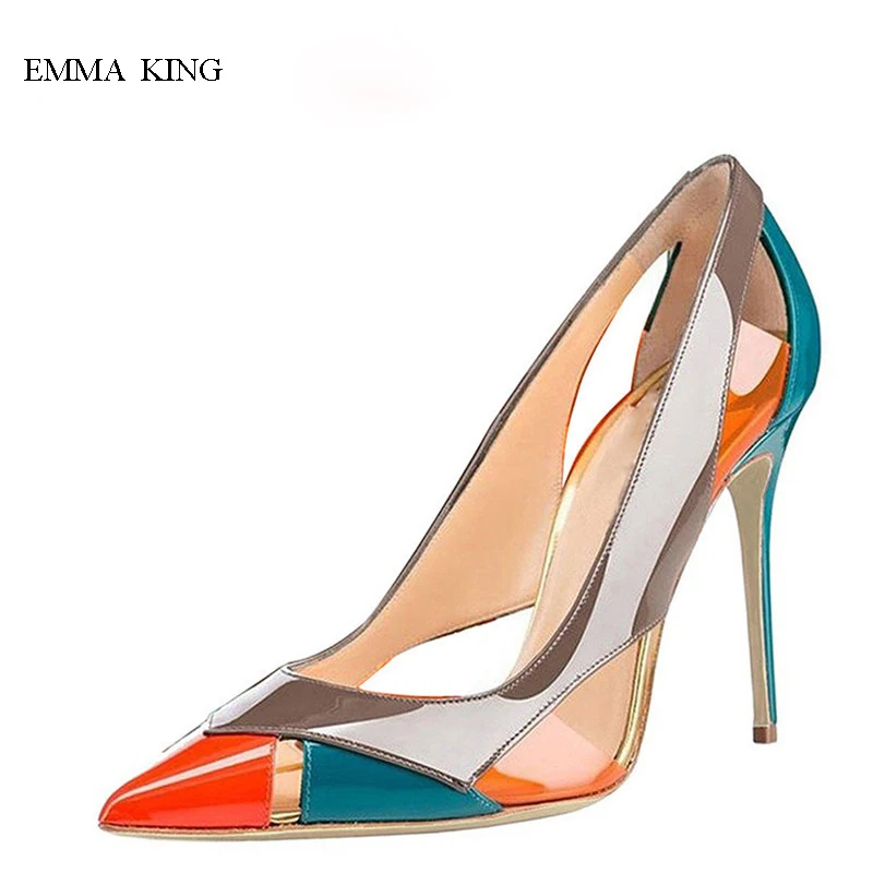 

2019 New Pointed Toe Stiletto Heels Dress Pumps Shallow Slip-on Ultra High Heel Banquet Shoes Woman Fashion Pumps Orange Purple