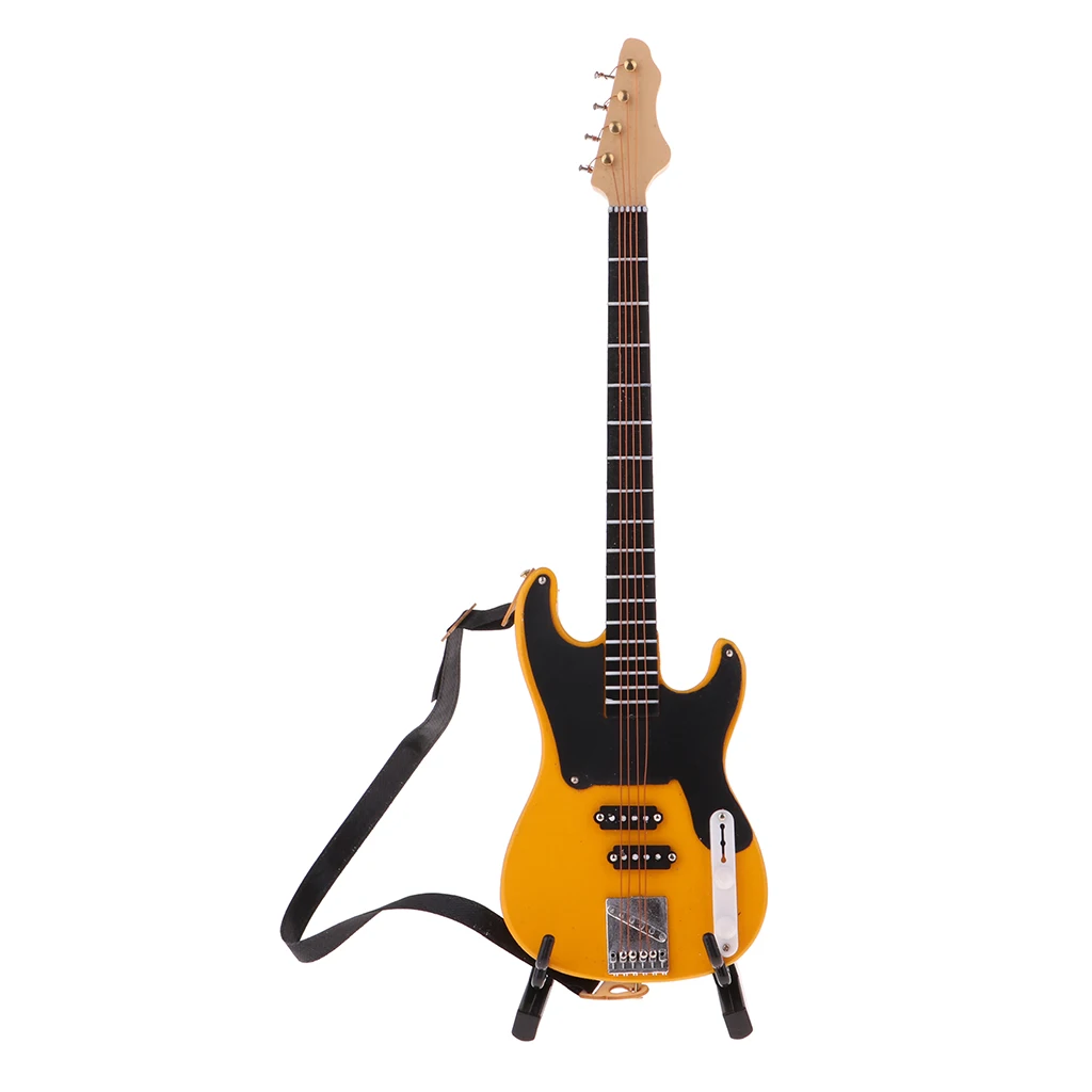 1/6 BJD Wooden Electric Bass Model with Stand and Strap Dolls House Miniature Display Decor Yellow