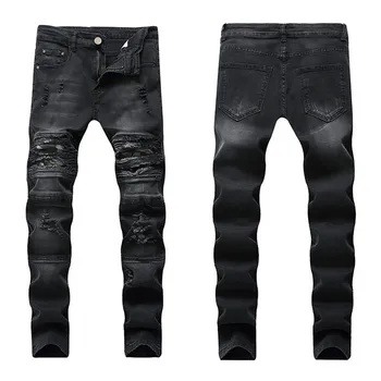 

2019 New Men's jeans Men's High Street Knee Hole Black Slim Stretch Small Straight Locomotive washed trousers More Size 28-40 42