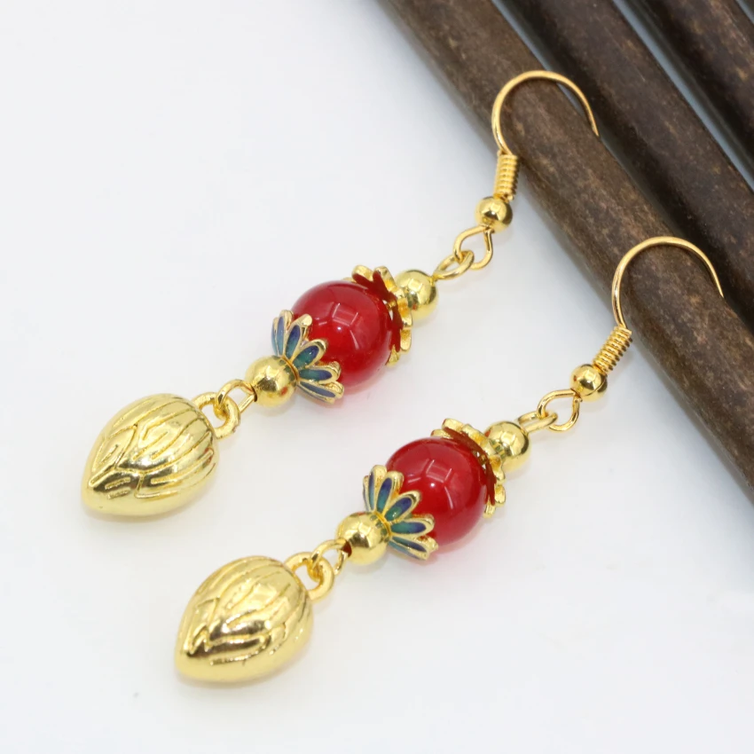 

original diy 19 style earring for women multicolor chalcedony jades stone round beads cloisonne long dangle pierce eardrop B2612