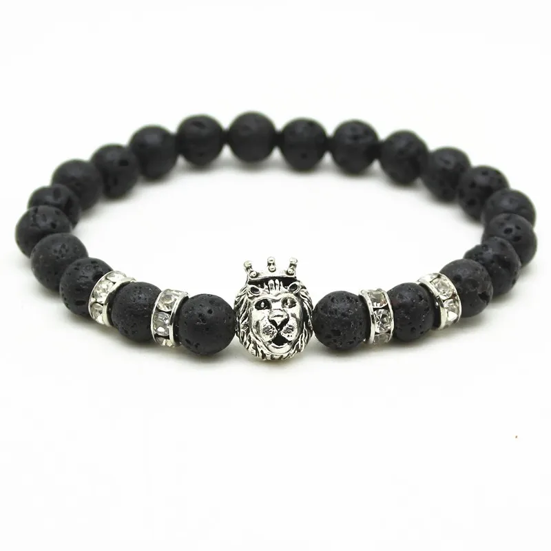 

XiongHang Antique Black Beads Silver Plated Leo Lion Head Bracelet Men Black Lava Stone Beads Charm Bracelets Jewelry Plusera