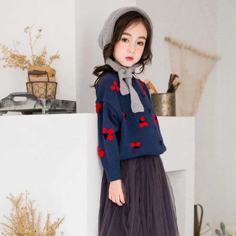 Корейский стиль милый Вишневый свитер для малышей; для девочек; с рисунком, топы для подростков с круглым вырезом, вязаный кардиган куртка детский зимний свитер пальто на возраст 2, 3, 4, 5, 6 лет - Цвет: Navy