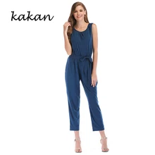 Kakan summer new women's jumpsuit solid color tie waist trousers sleeveless jumpsuit gray black blue jumpsuit Kakan summer new women's jumpsuit solid color tie waist trousers sleeveless jumpsuit gray black blue jumpsuit