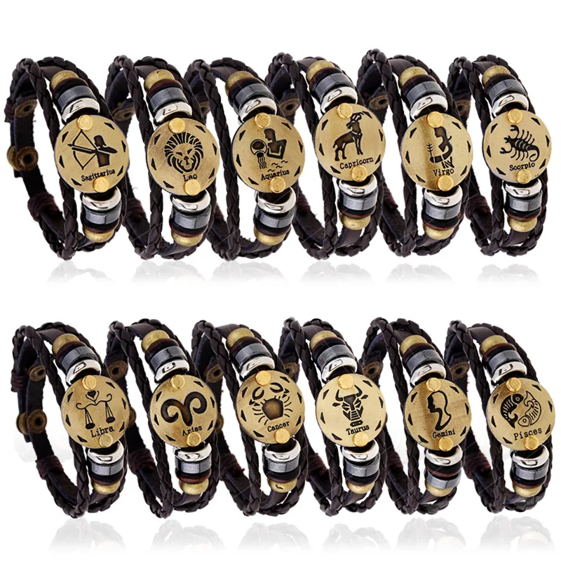12 Constellation Virgo Pisces Leo Aries Sagittarius Cancer Capricorn Taurus Libra Scorpio Aquarius Genuine Leather Bracelets | Украшения и