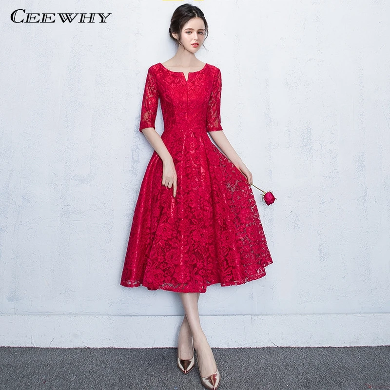 CEEWHY Burgundy Lace Formal Dress Half Sleeve Prom Gown Mother of the Bride Dresses Tea length