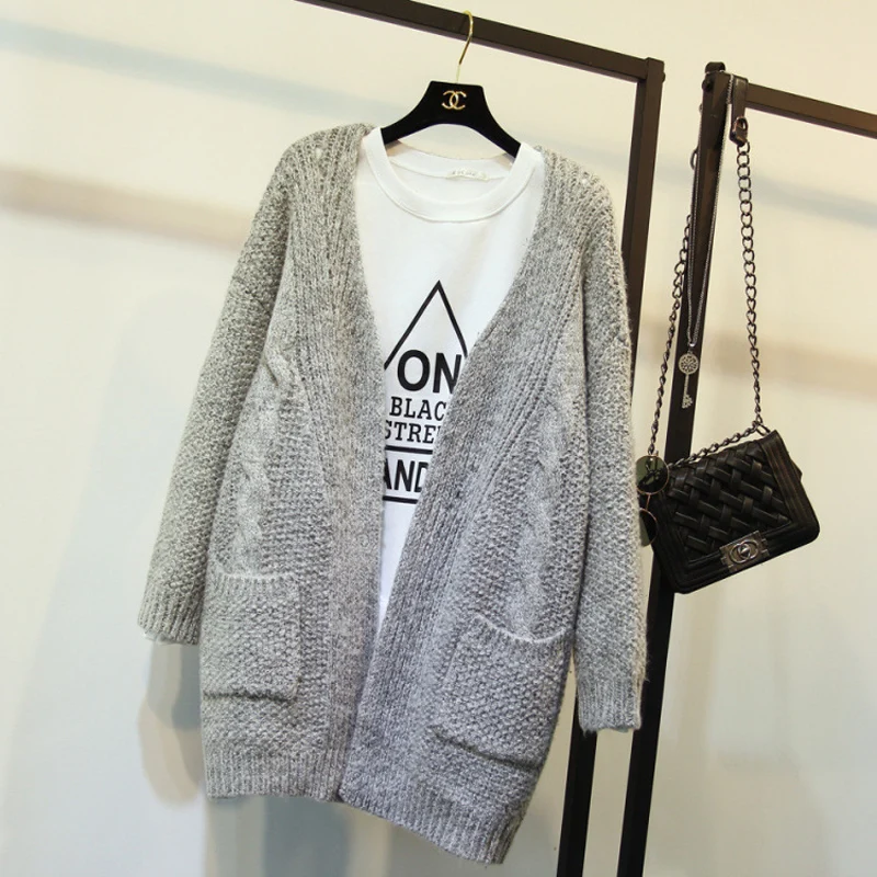 2016 Girl Casual Long Knitted Cardigan Autumn Korean Women Loose Solid Color Pocket Design Sweater Jacket Gray