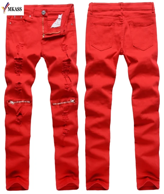 Buy 2017 New Red Ripped Jeans Men With Holes Denim