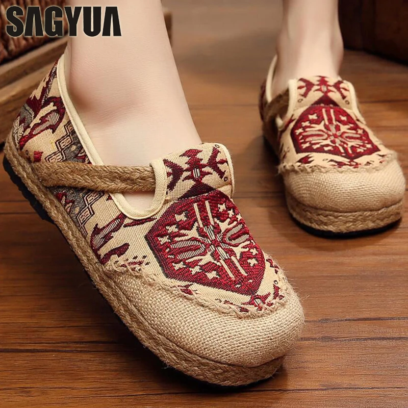 

SAGYUA Embroidered Women Casual Linen Cotton Shoes Ladies Walking Flats Woman Driving Loafers Zapatos Mujer Plus Size 35-44 T199